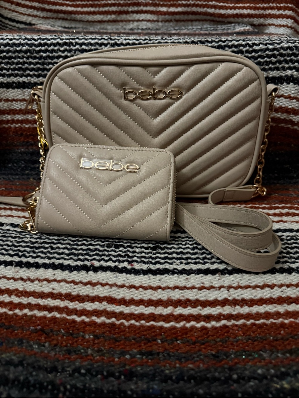 bebe Quilted Chevron Crossbody and Wallet Set - Beige